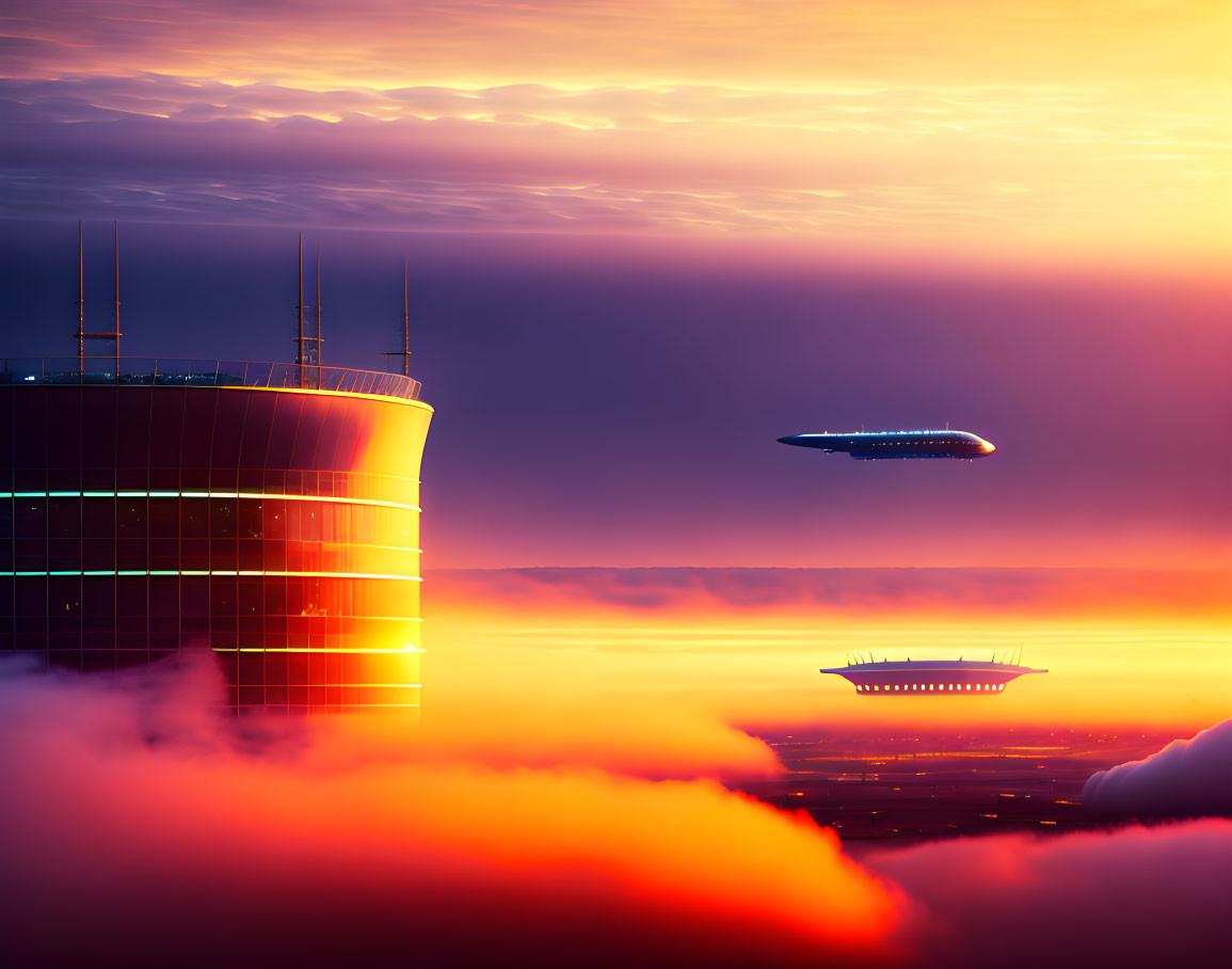 Futuristic cityscape at sunset with orange and purple sky