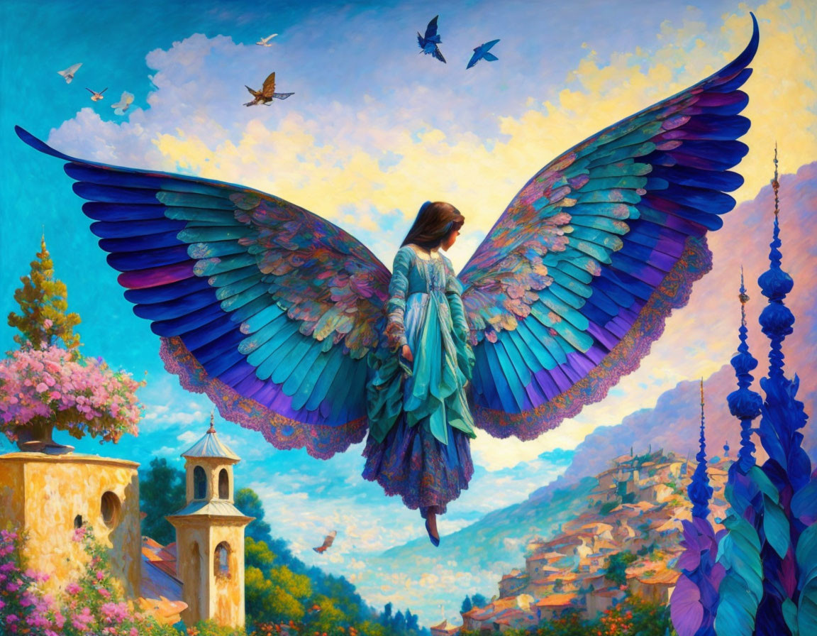 Colorful Winged Woman in Fantasy Landscape with Towers and Birds