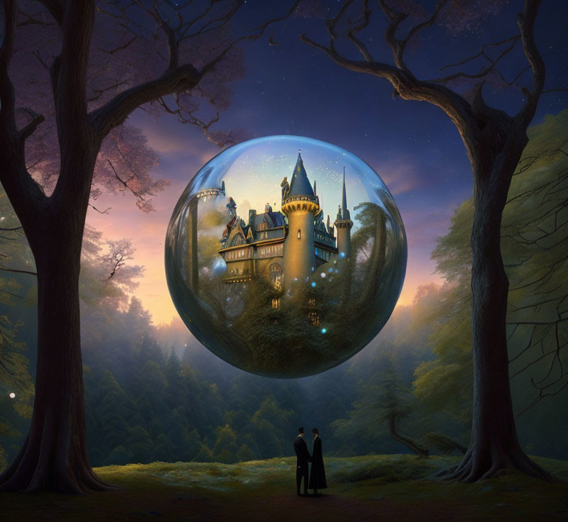 Couple admires castle in bubble at dusk