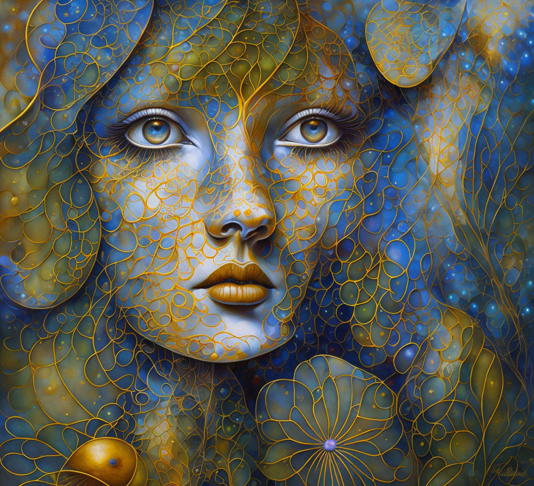 Blue-skinned woman with golden filigree, flowers, and leaves in surreal portrait