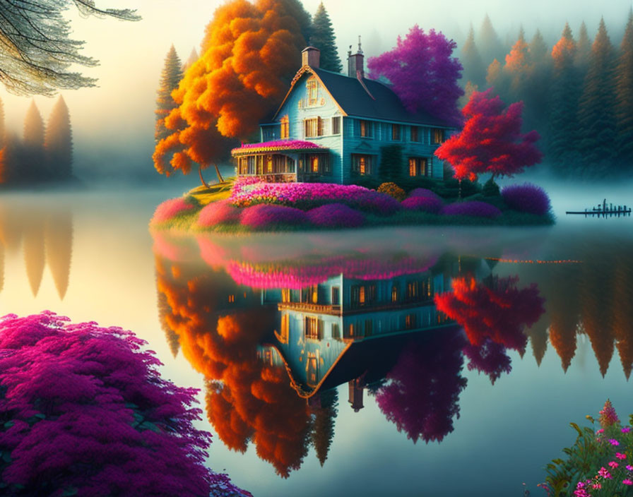 Tranquil Lakeside House with Colorful Trees and Misty Reflections