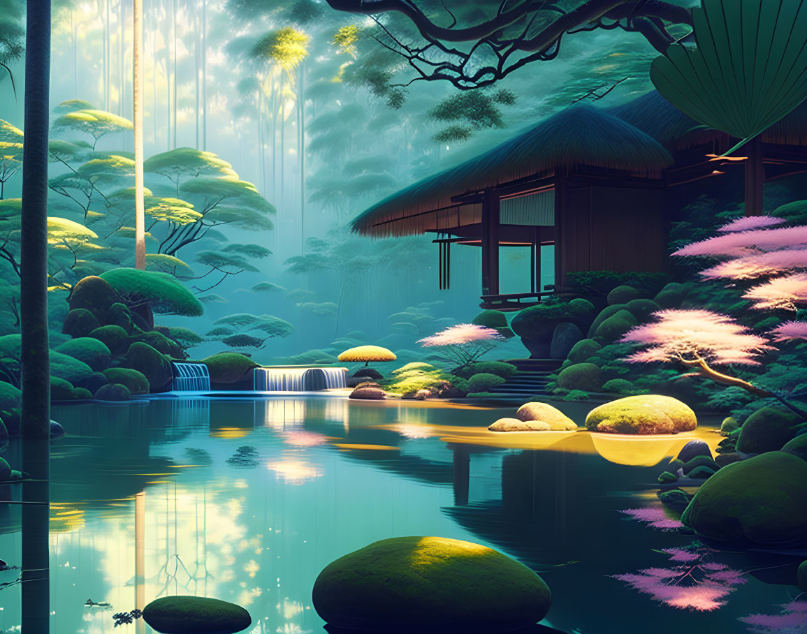 Japanese garden at twilight with traditional house, lush greenery, pink flora, pond, and waterfalls