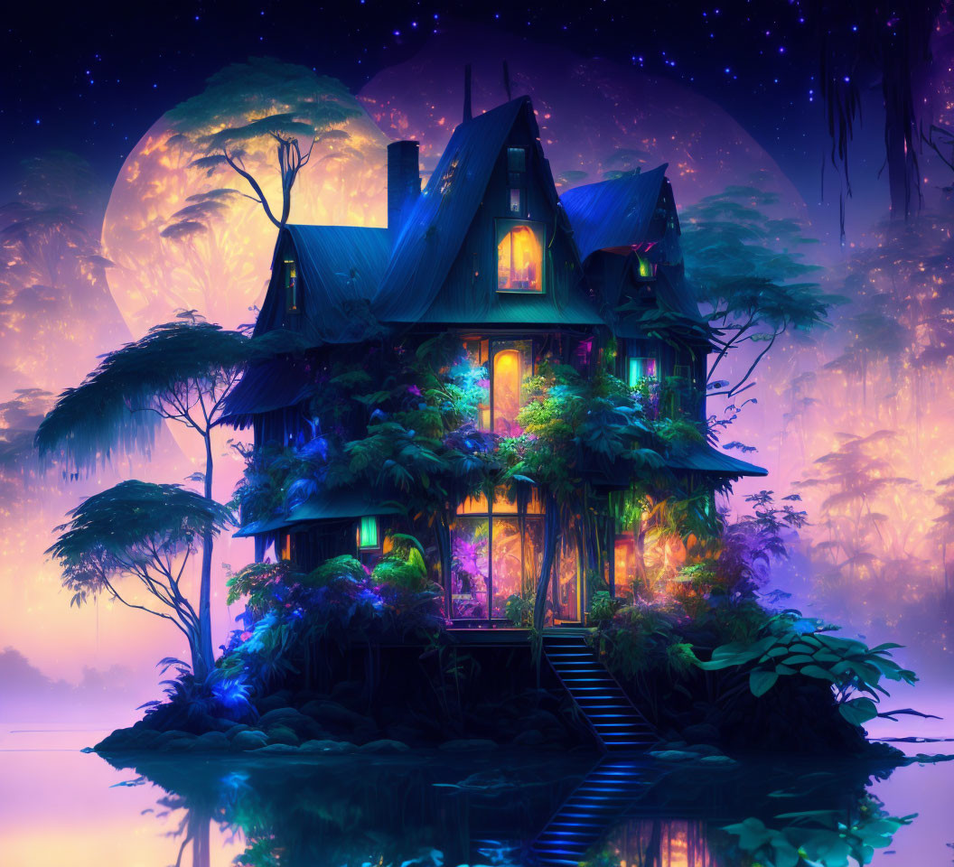 Victorian house on island with lush foliage at dusk