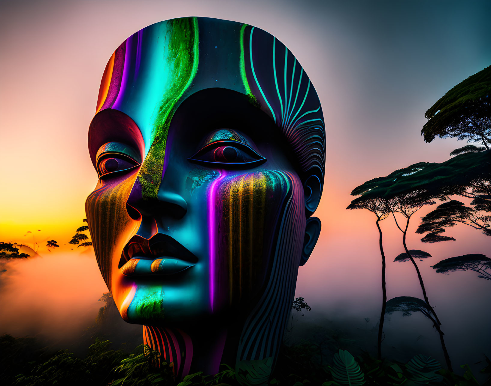 Colorful Digital Art: Human Face in Misty Landscape