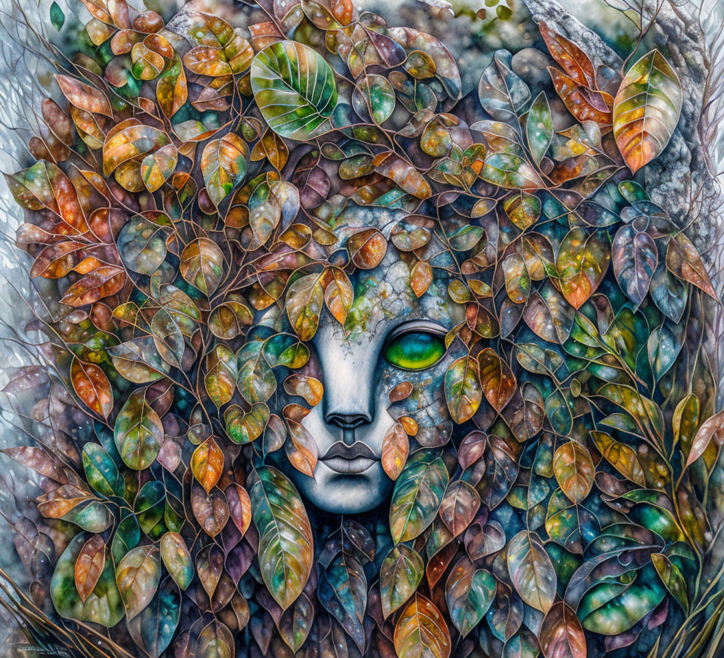 Colorful Foliage Camouflaging Face with Green Eyes