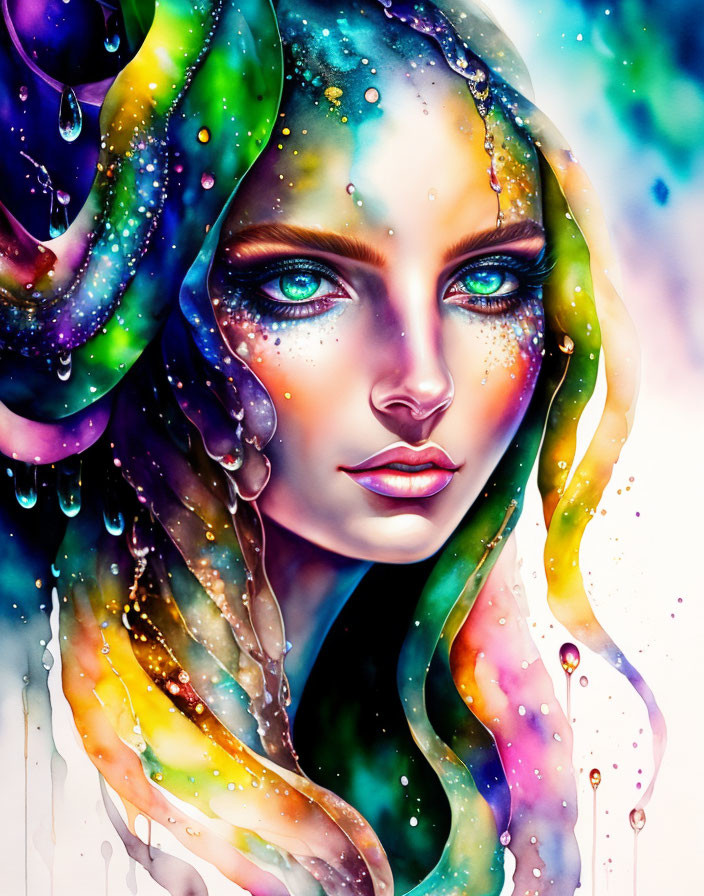 Colorful illustration of woman with blue eyes and flowing hair.