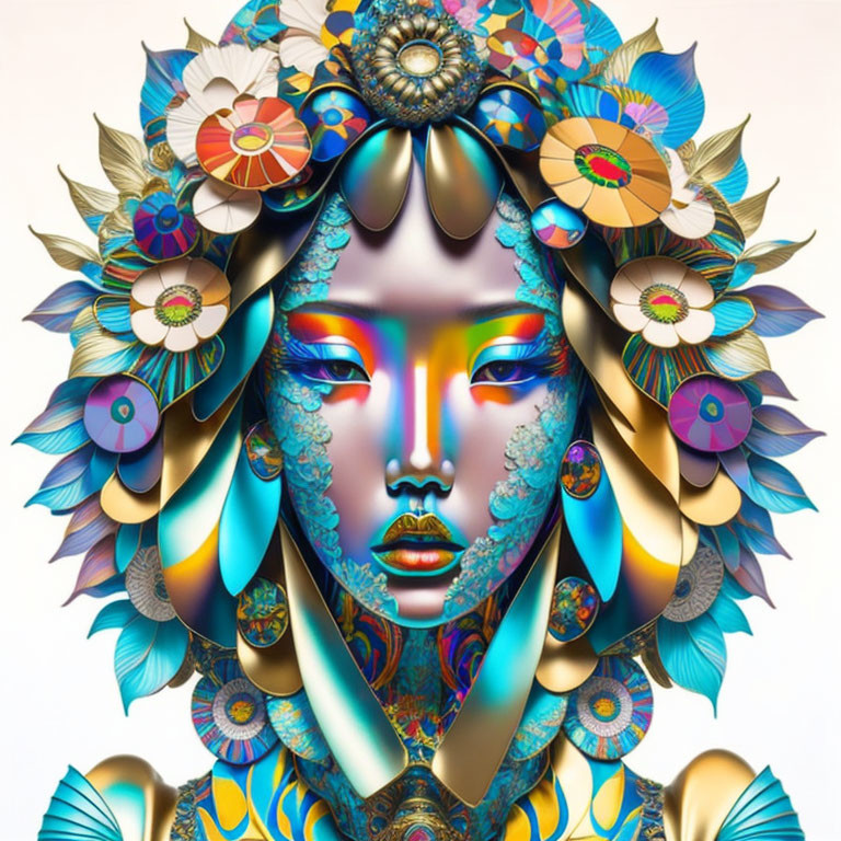 Colorful digital artwork: Stylized woman's face with floral and feather adornments