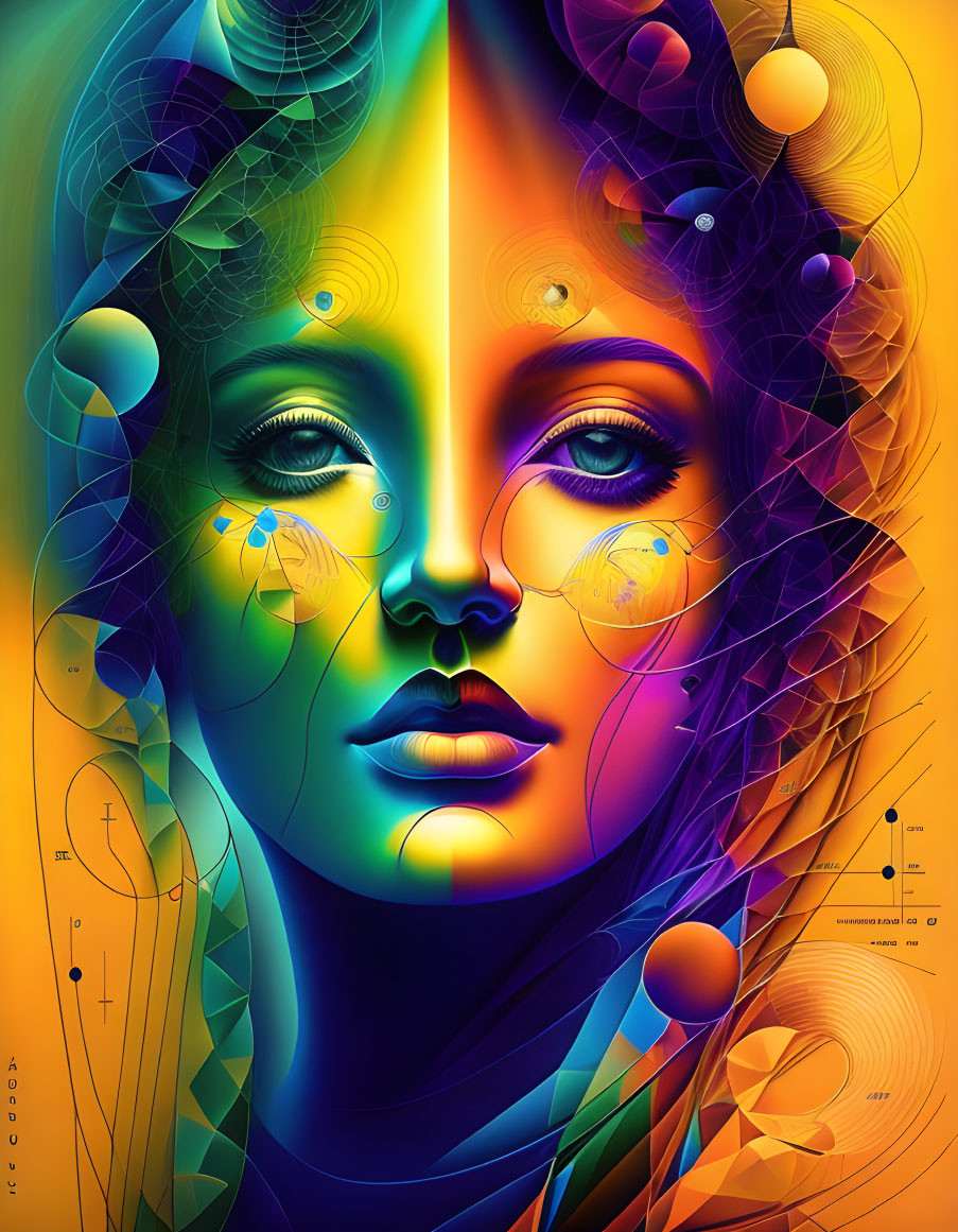 Symmetrical multicolored portrait with abstract geometric elements