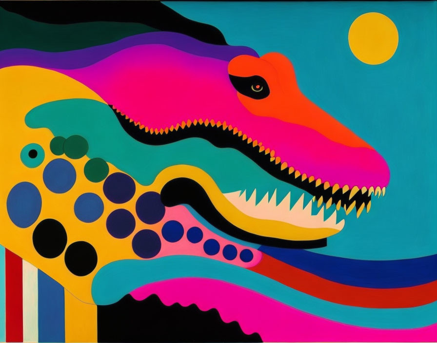 Vibrant abstract painting of a colorful dinosaur on geometric background