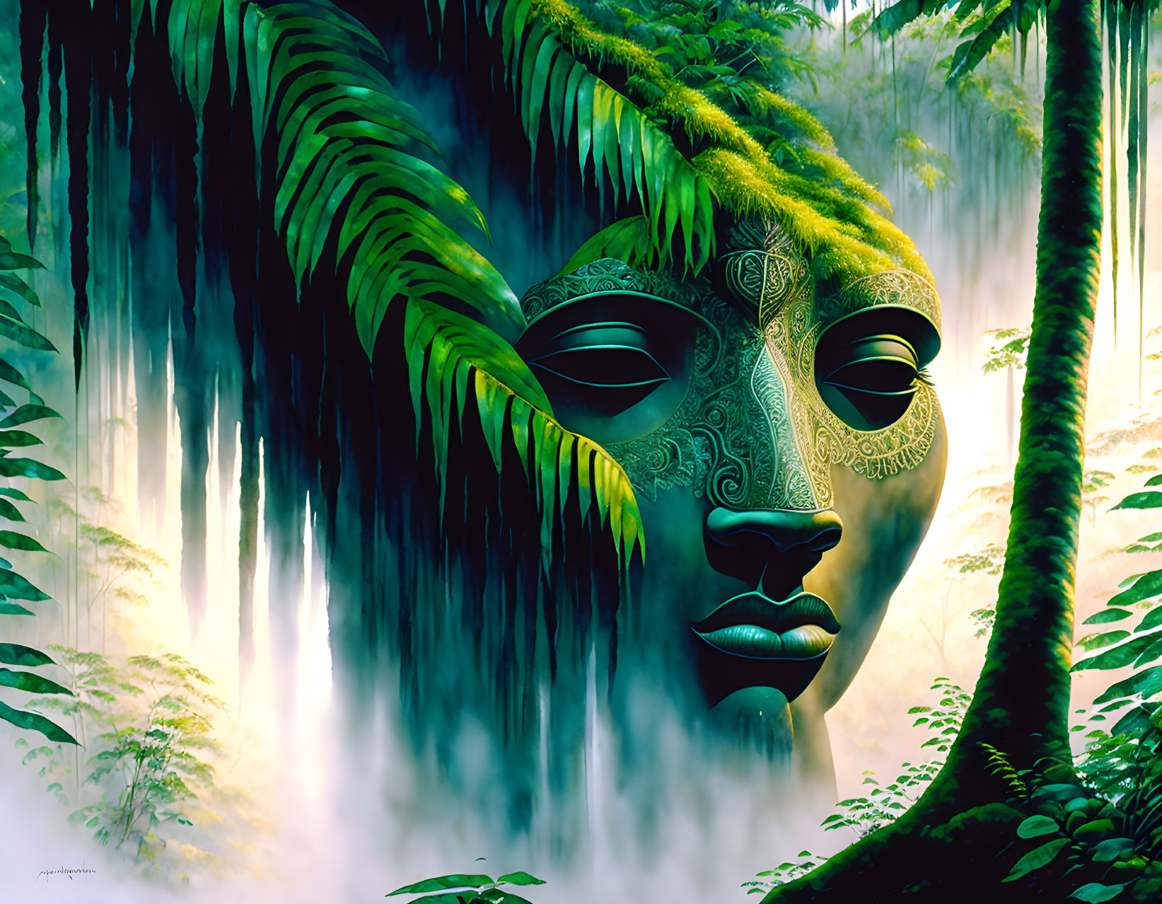 Mystical Artwork: Large Mask in Lush Forest with Light Rays