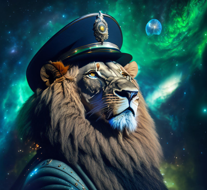 Majestic lion in police hat against cosmic backdrop