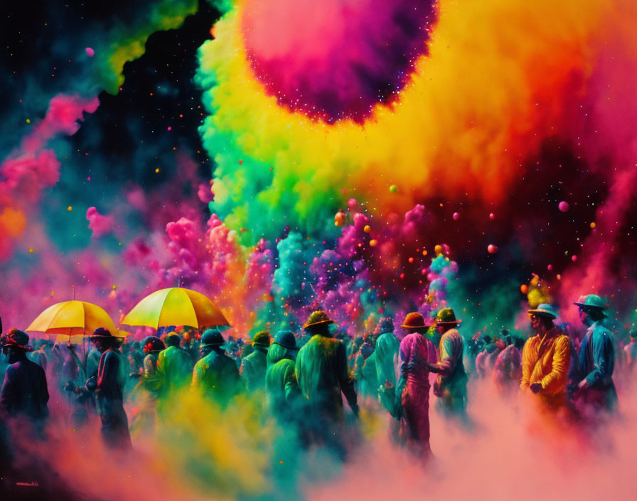 Colorful powder clouds engulf crowd with yellow umbrellas