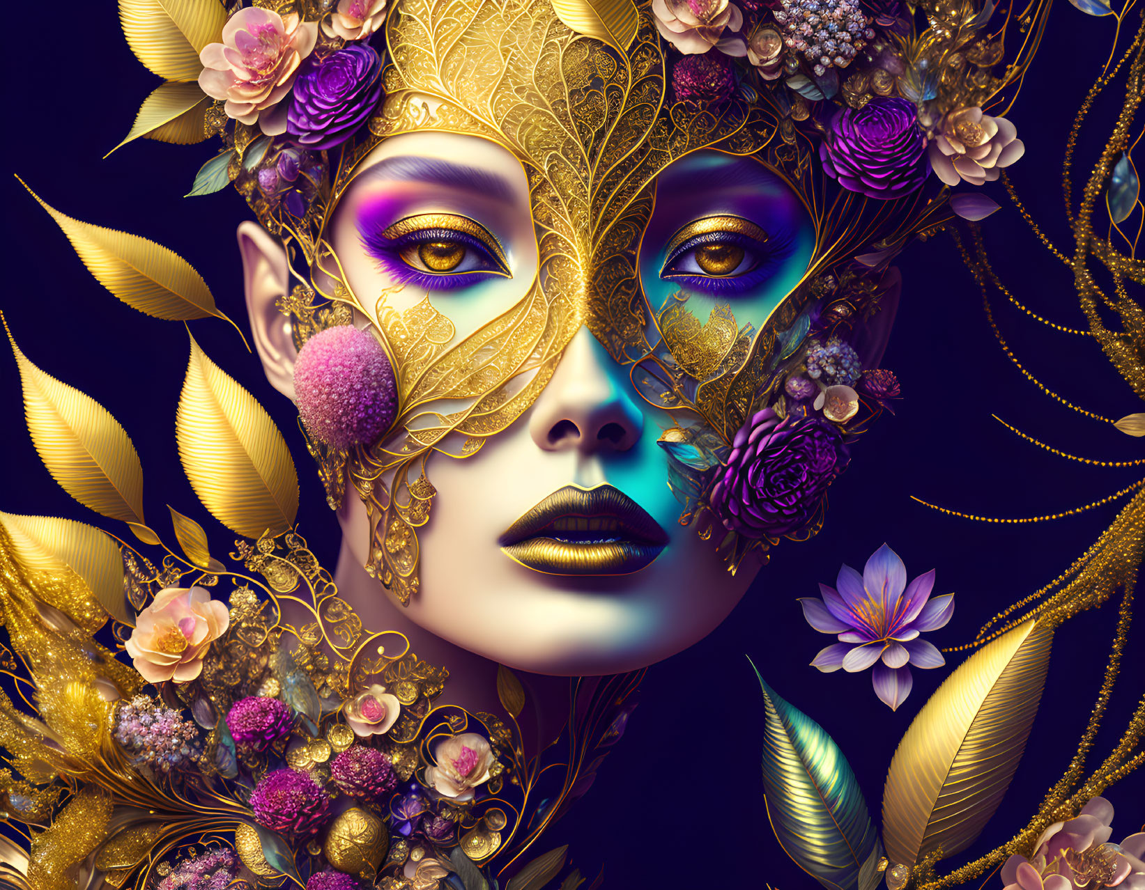 Colorful Woman's Face Illustration with Gold Floral Mask and Dark Background