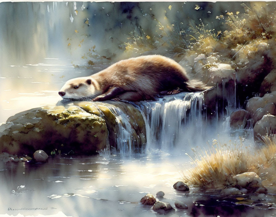 Tranquil badger resting on waterfall with rocks and foliage