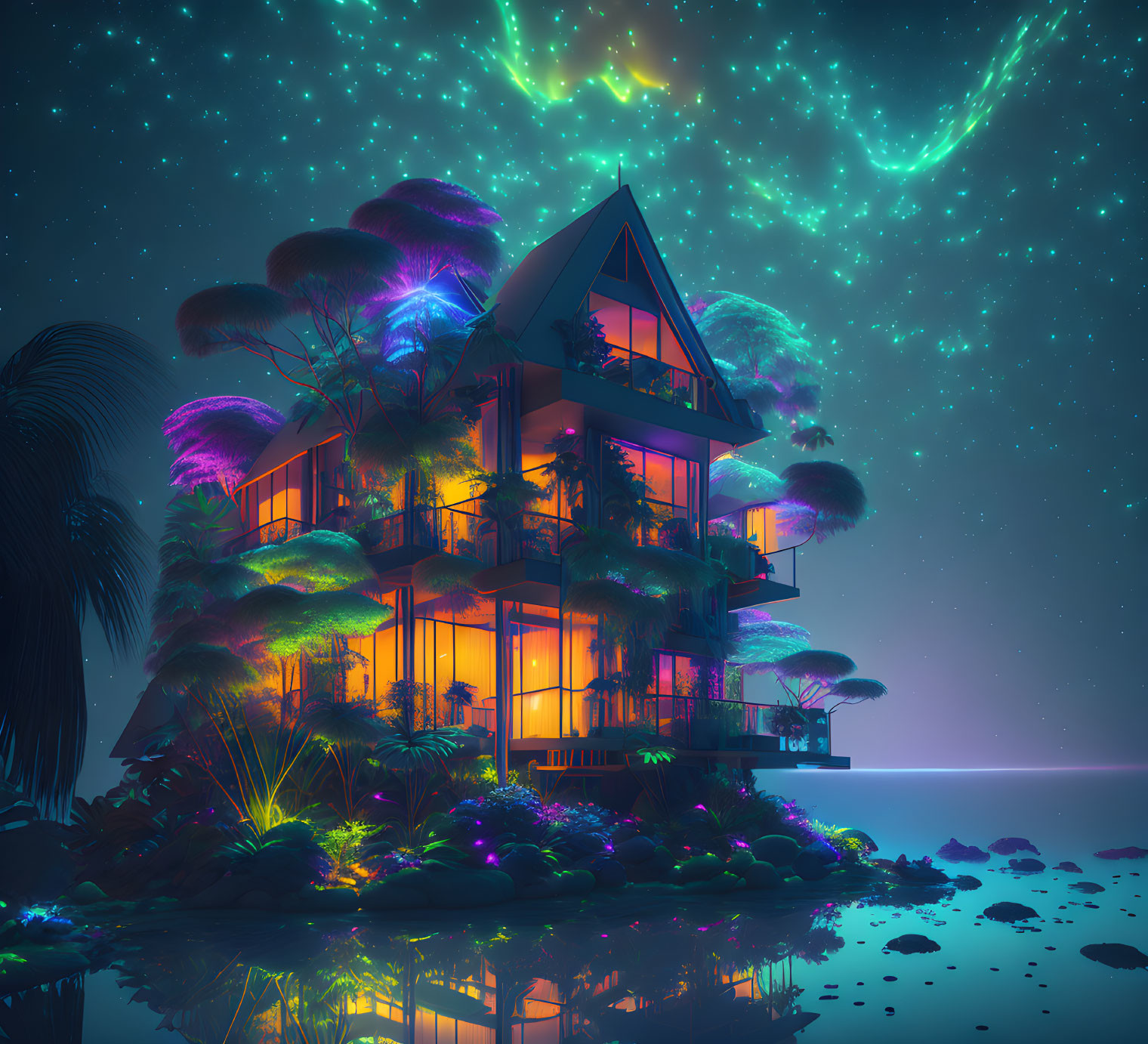 Modern house in vibrant night scene with luminescent trees and neon aurora.