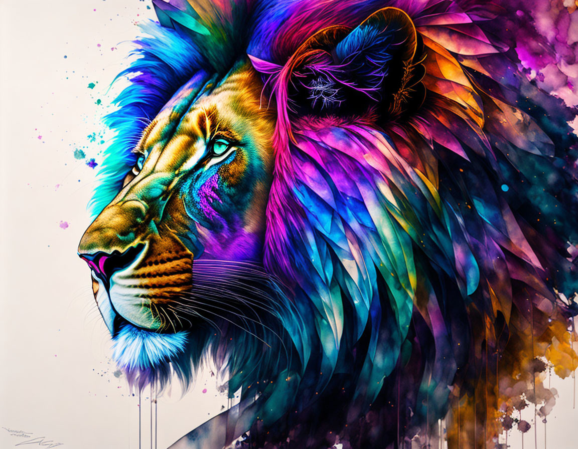 Colorful Lion Profile Artwork with Blue, Purple, and Pink Splash-Paint Effect