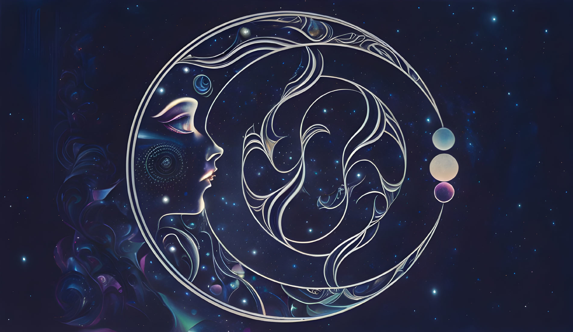 Woman's profile intertwined with cosmic elements in circular frame