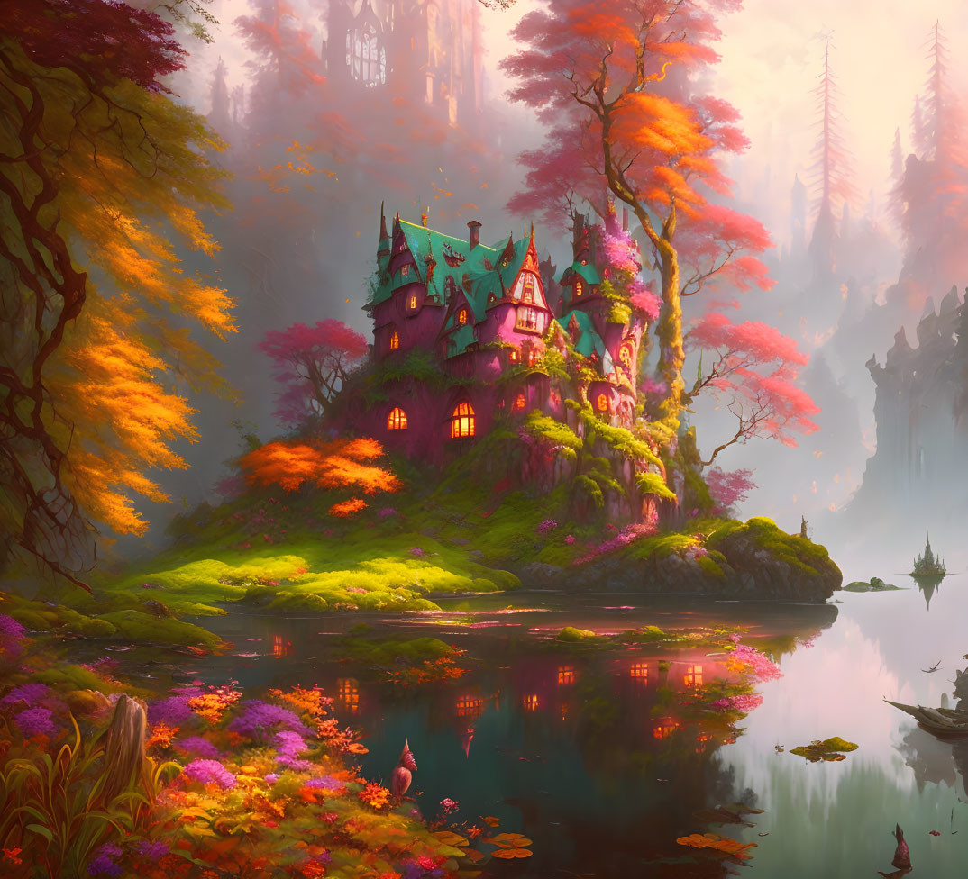 Majestic fairytale castle in autumn forest with foggy ambiance