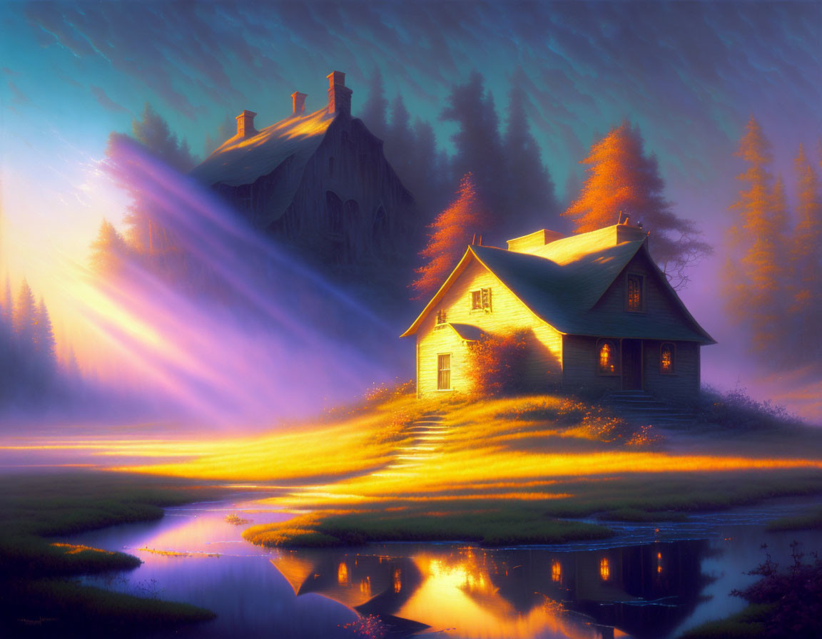 Tranquil sunset forest scene with cottages and vibrant light rays