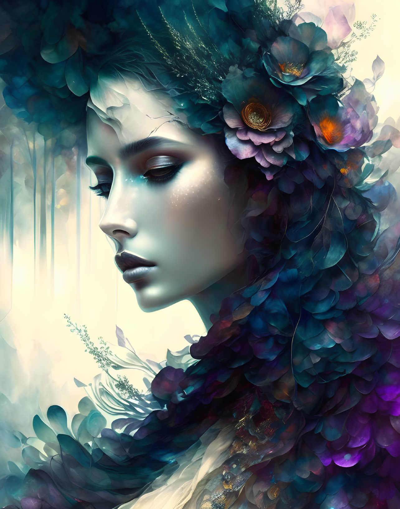 Ethereal woman portrait with floral and feather adornments