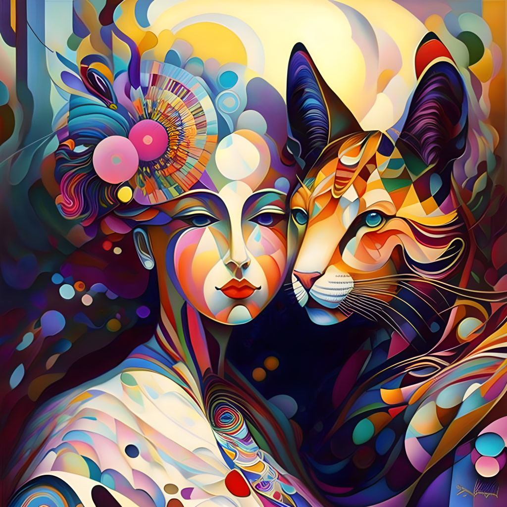 Vibrant surreal artwork: woman's face merges with cat in whimsical design