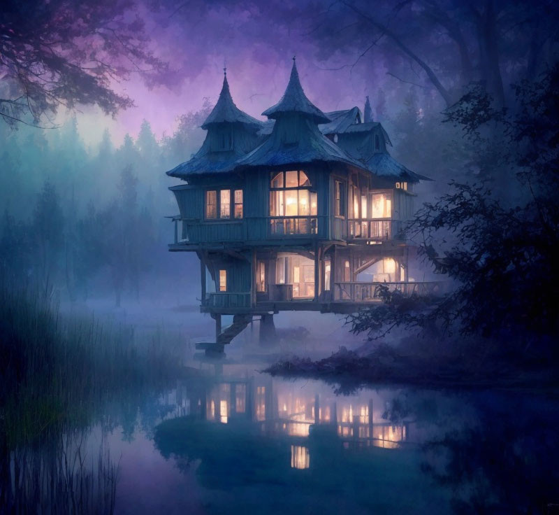 Majestic multi-story house by misty waterside at twilight