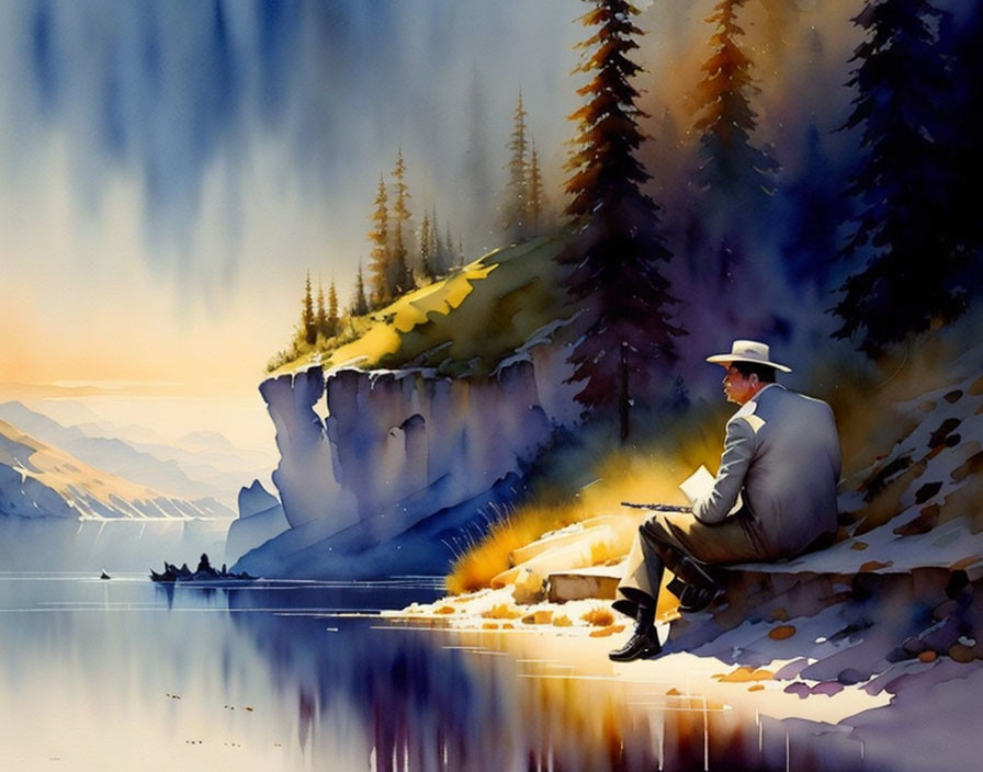 Person in hat gazes at lake & mountains in watercolor landscape