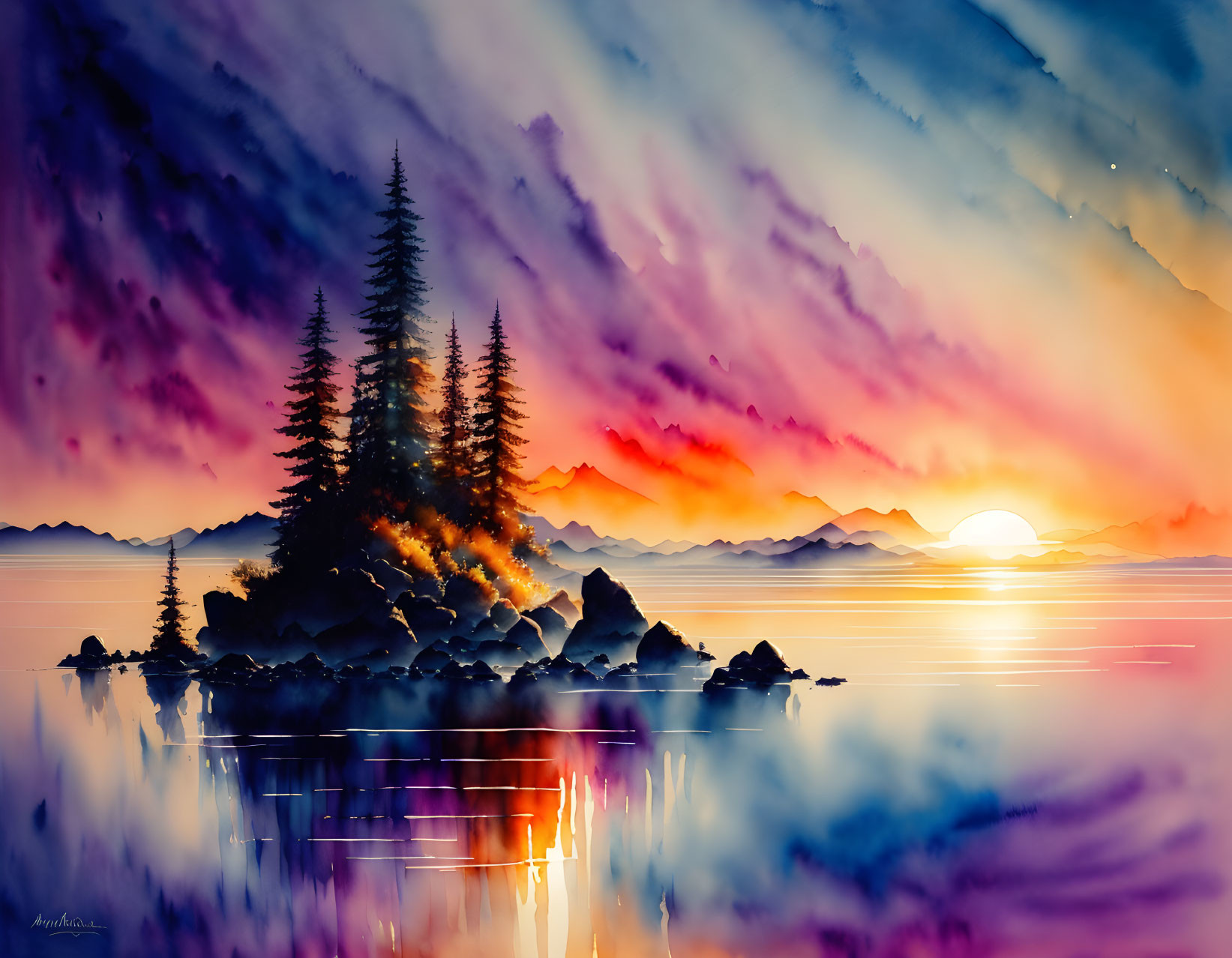 Colorful watercolor painting: sunset over lake with island