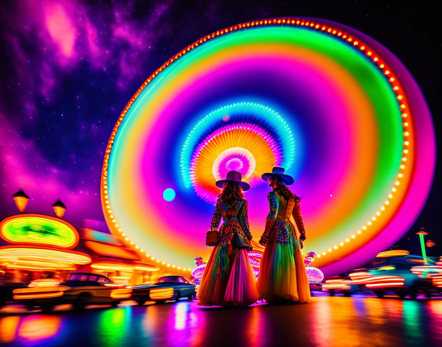 Silhouetted figures in front of vibrant Ferris wheel at night