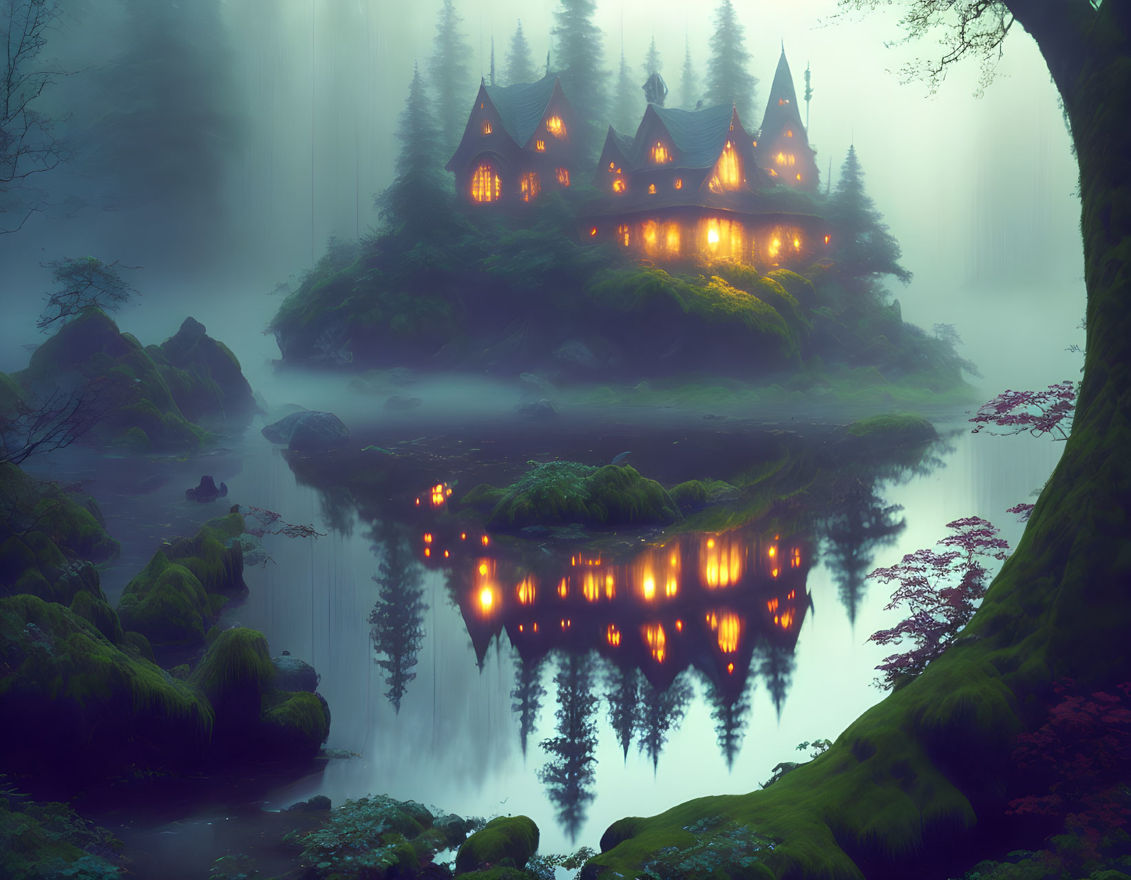 Mystical house with glowing windows in foggy forest landscape