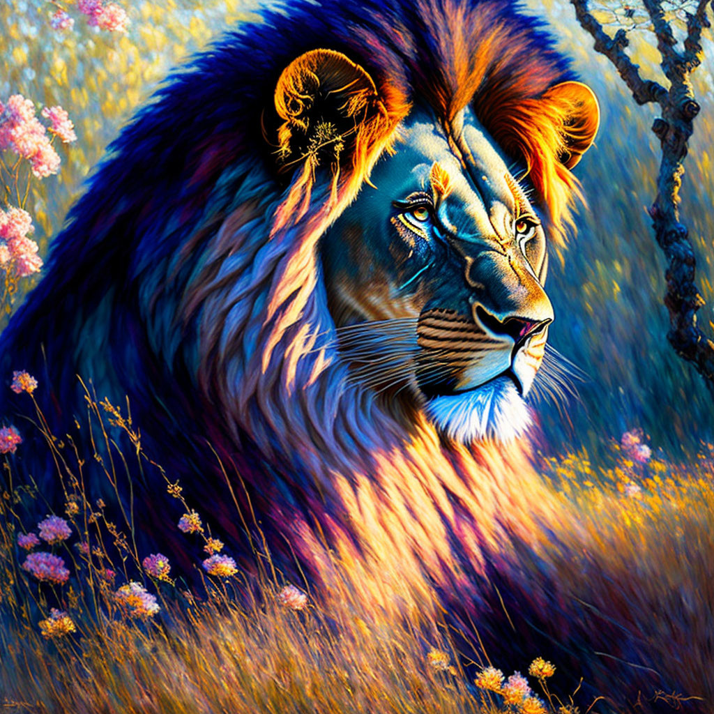 Colorful Lion Painting with Blue Mane in Floral Landscape