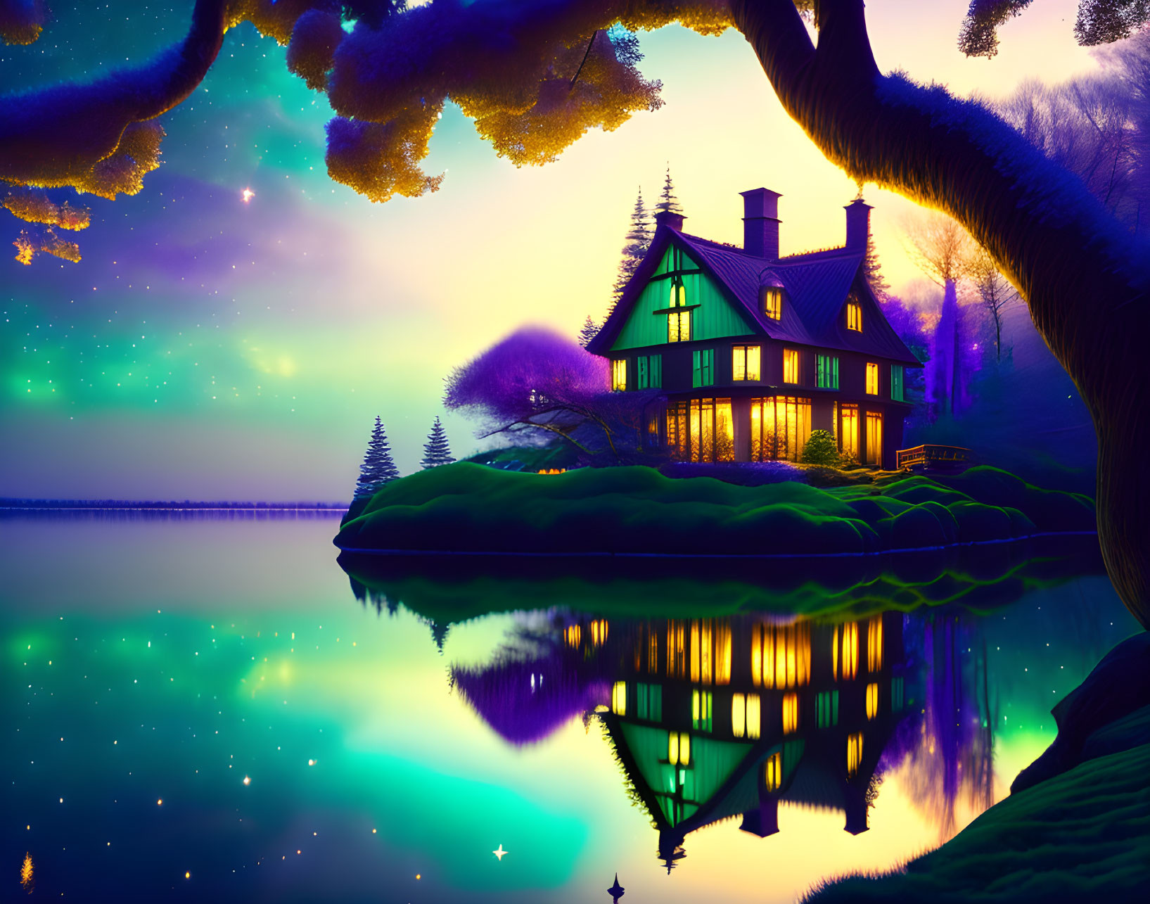 Enchanting house on grassy outcrop reflects in tranquil lake at twilight