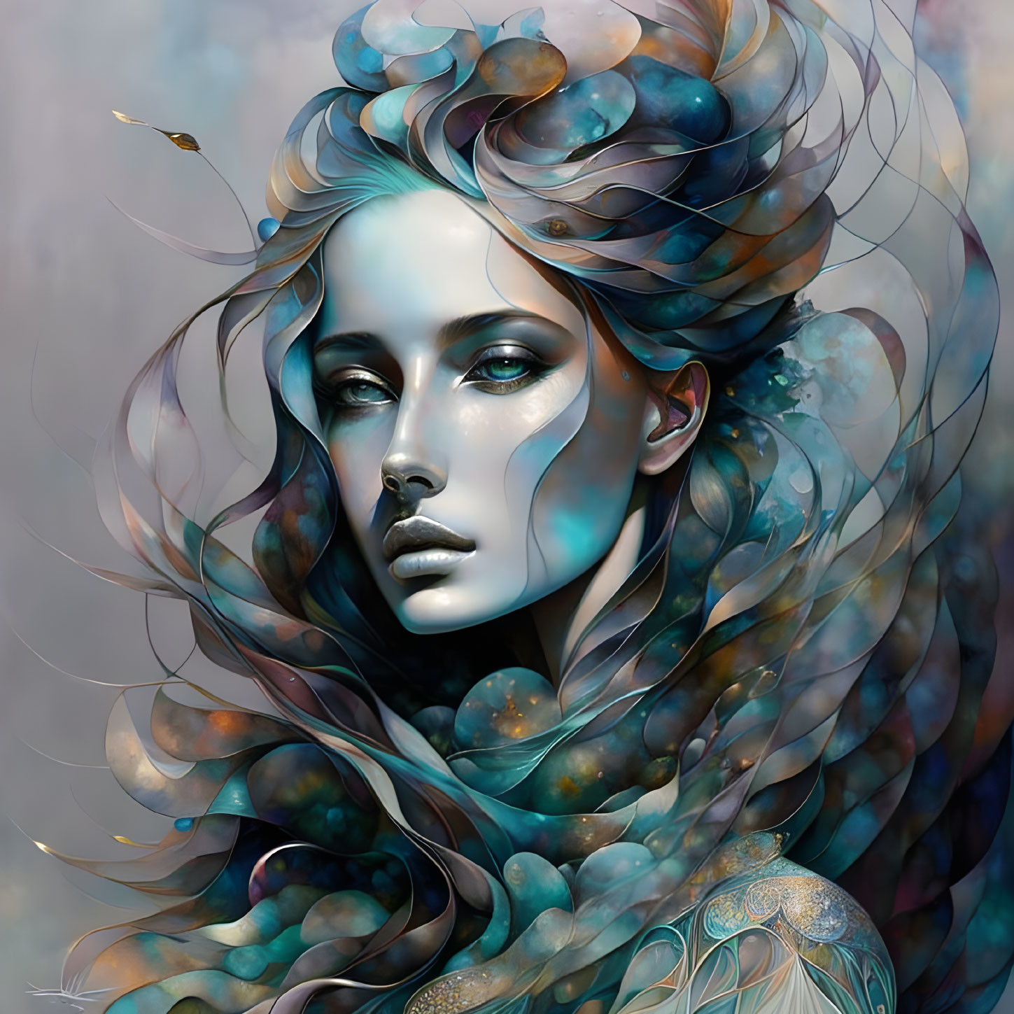 Woman with flowing hair and abstract bubbles and feathers in cool tones