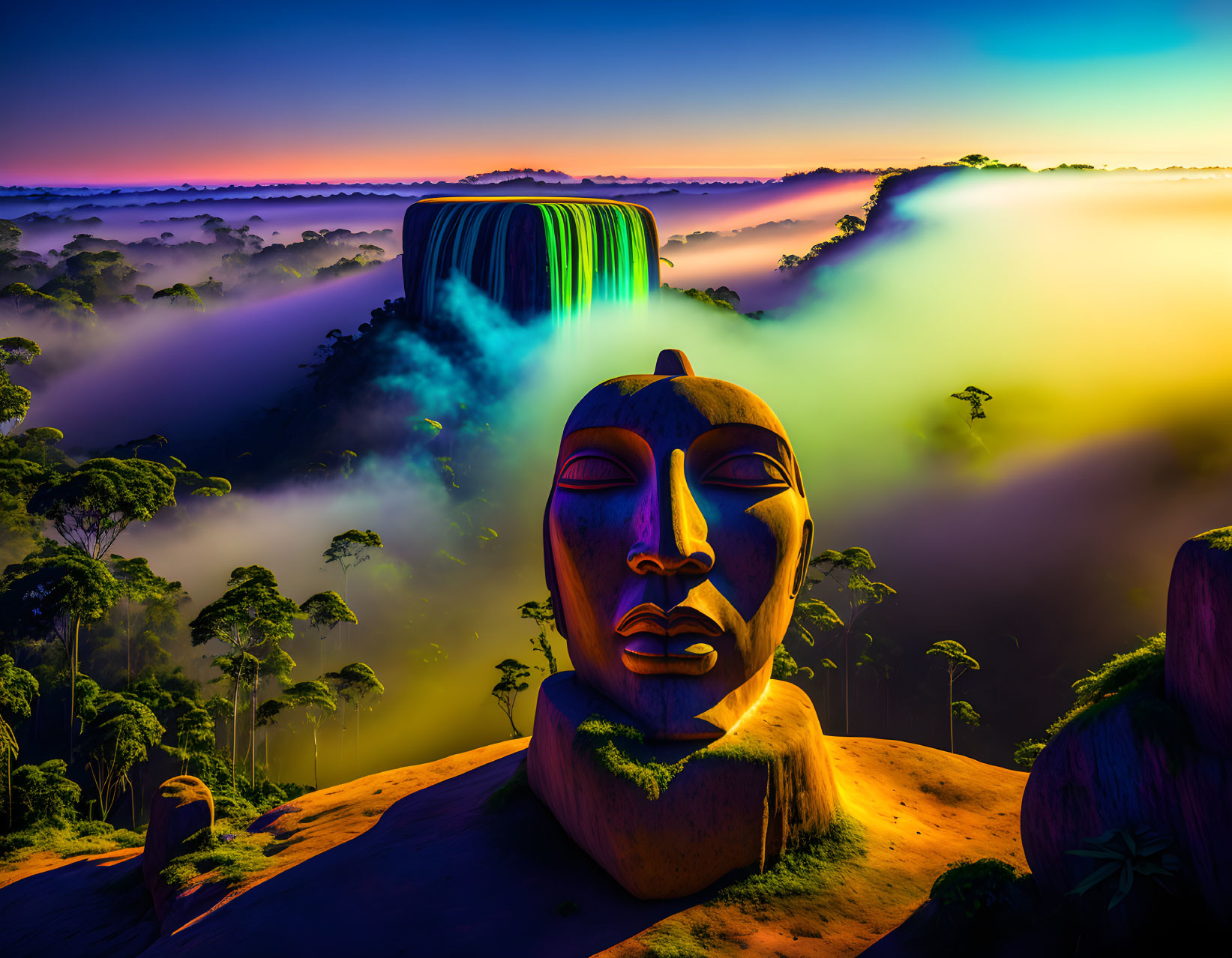 Giant stone face in surreal landscape with waterfall and misty forest