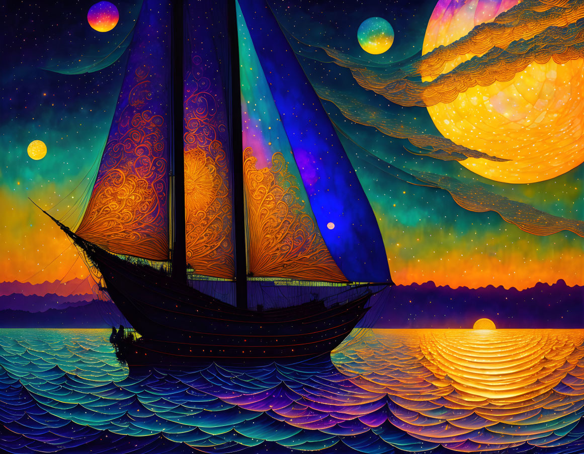 Stylized sailing ship on wavy seas under cosmic sky