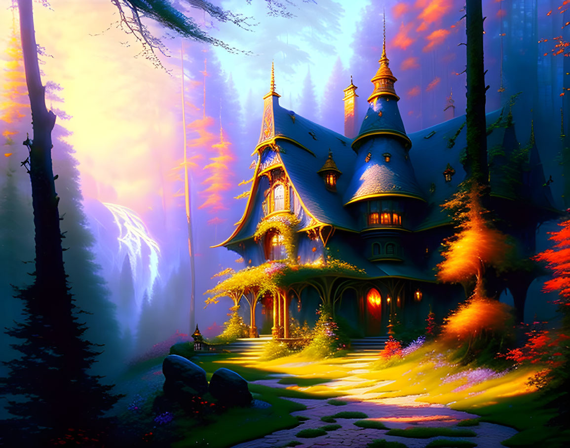 Enchanted forest with mystical house, vibrant foliage, glowing pathway, and ethereal waterfall