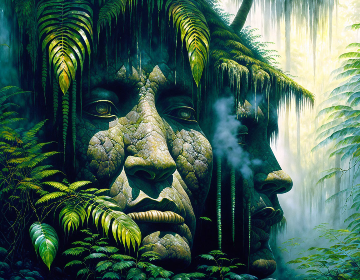 Human face camouflaged in verdant jungle with foliage, waterfalls, and mist.