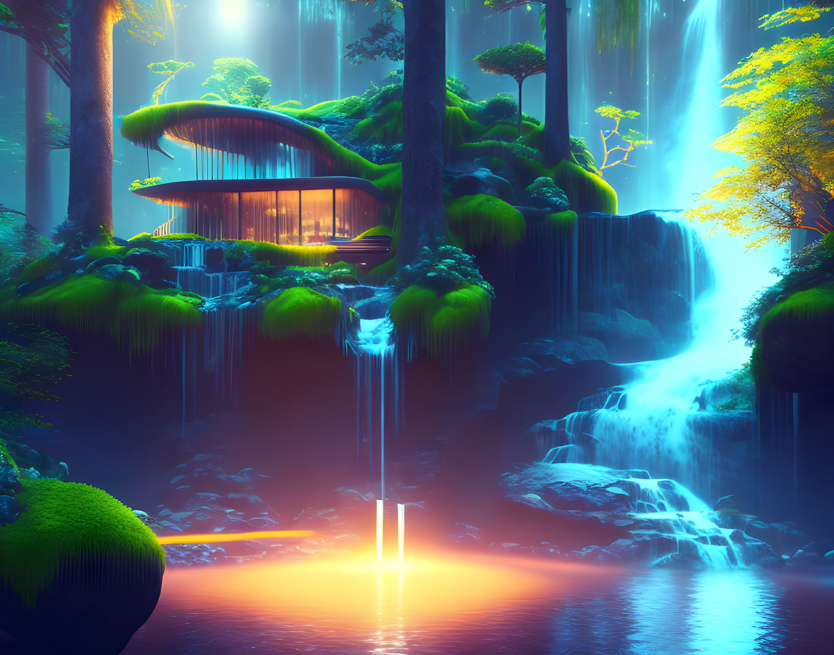 Futuristic house in lush forest with waterfalls and neon-lit lake