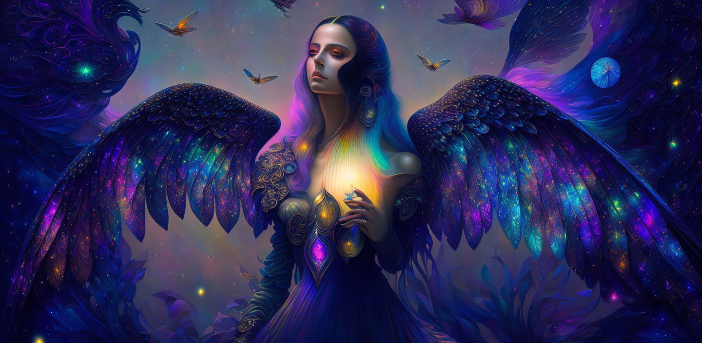 Mystical woman with iridescent wings and glowing orb in cosmic scene