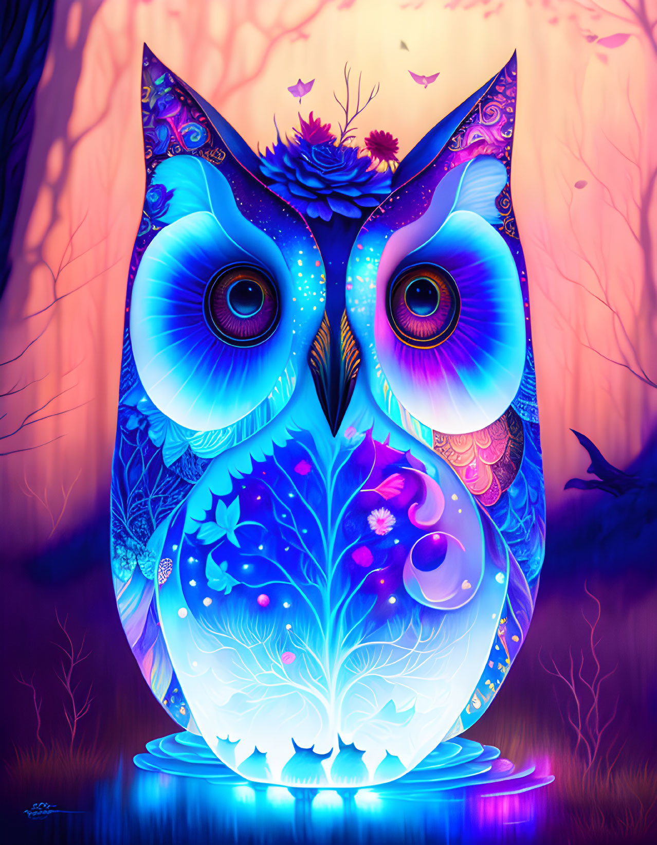 Stylized owl with floral patterns in twilight forest