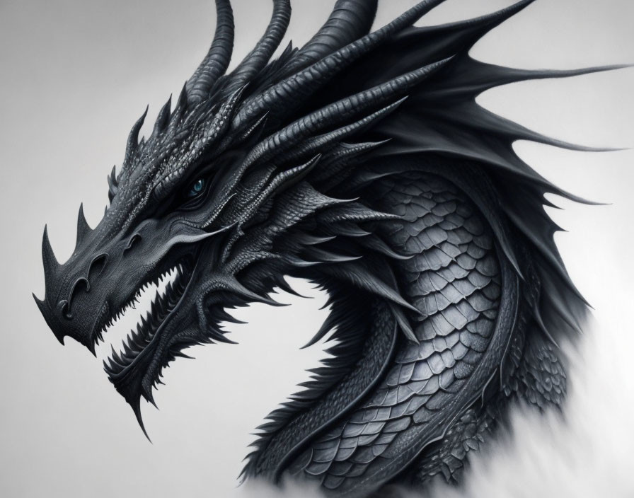 Detailed black and white dragon art with sharp horns and scales