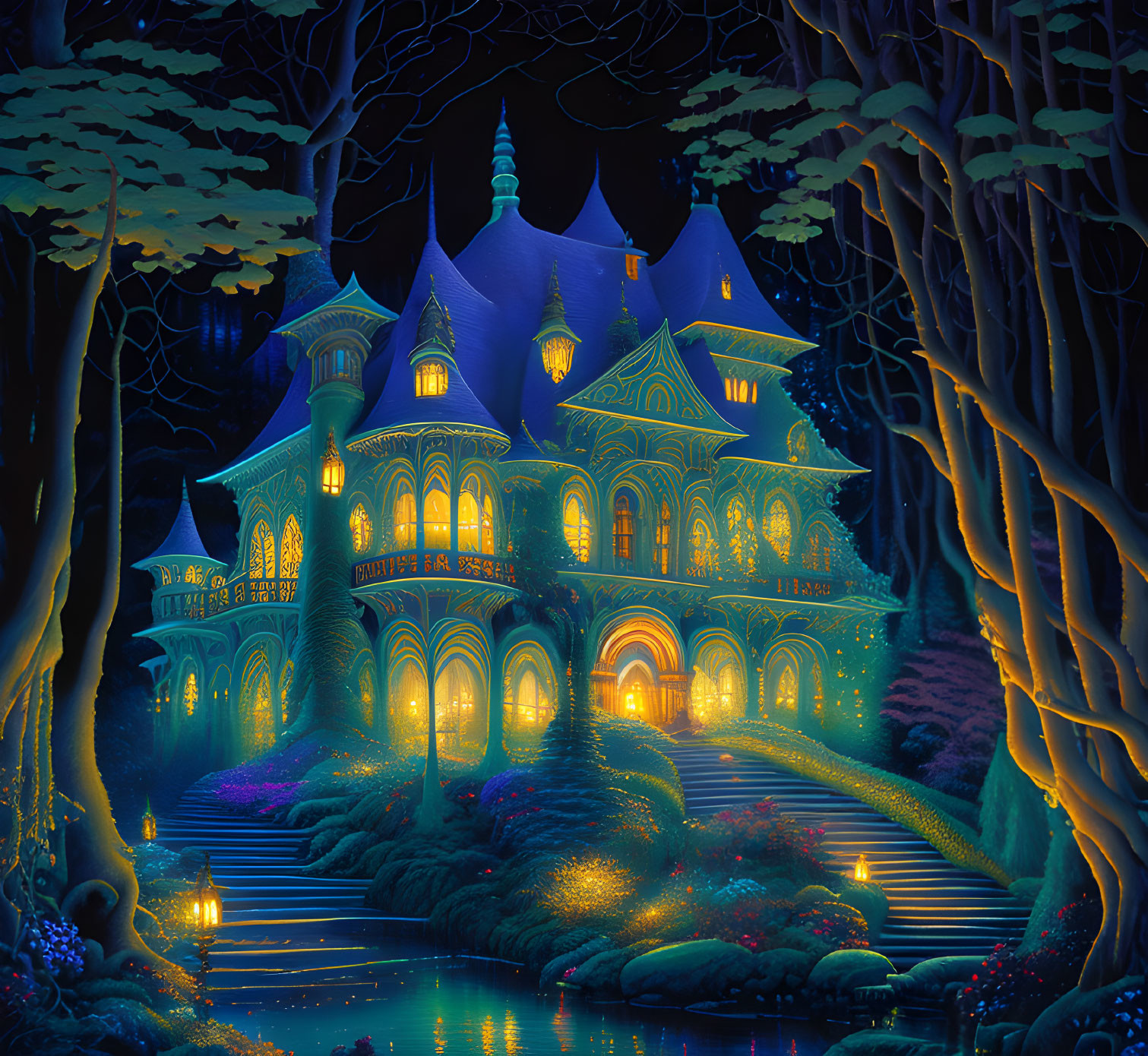 Victorian-style mansion in enchanted forest at night with glowing trees reflected in pond