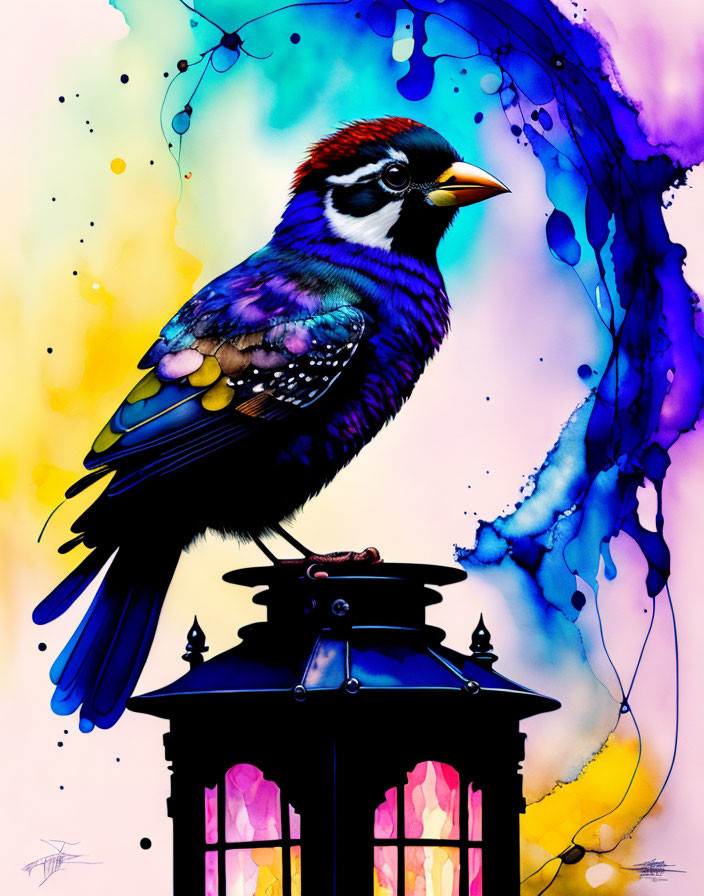 Vibrant bird illustration perched on ornate lamp post against vivid backdrop