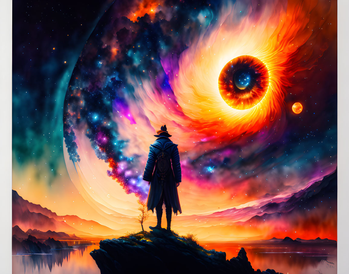 Cloaked figure on ledge gazes at cosmic scene with swirling galaxy and eye-like nebula above surreal