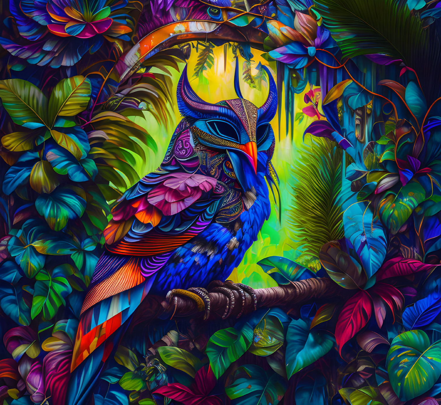 Colorful digital artwork: Stylized owl in lush jungle with intricate patterns