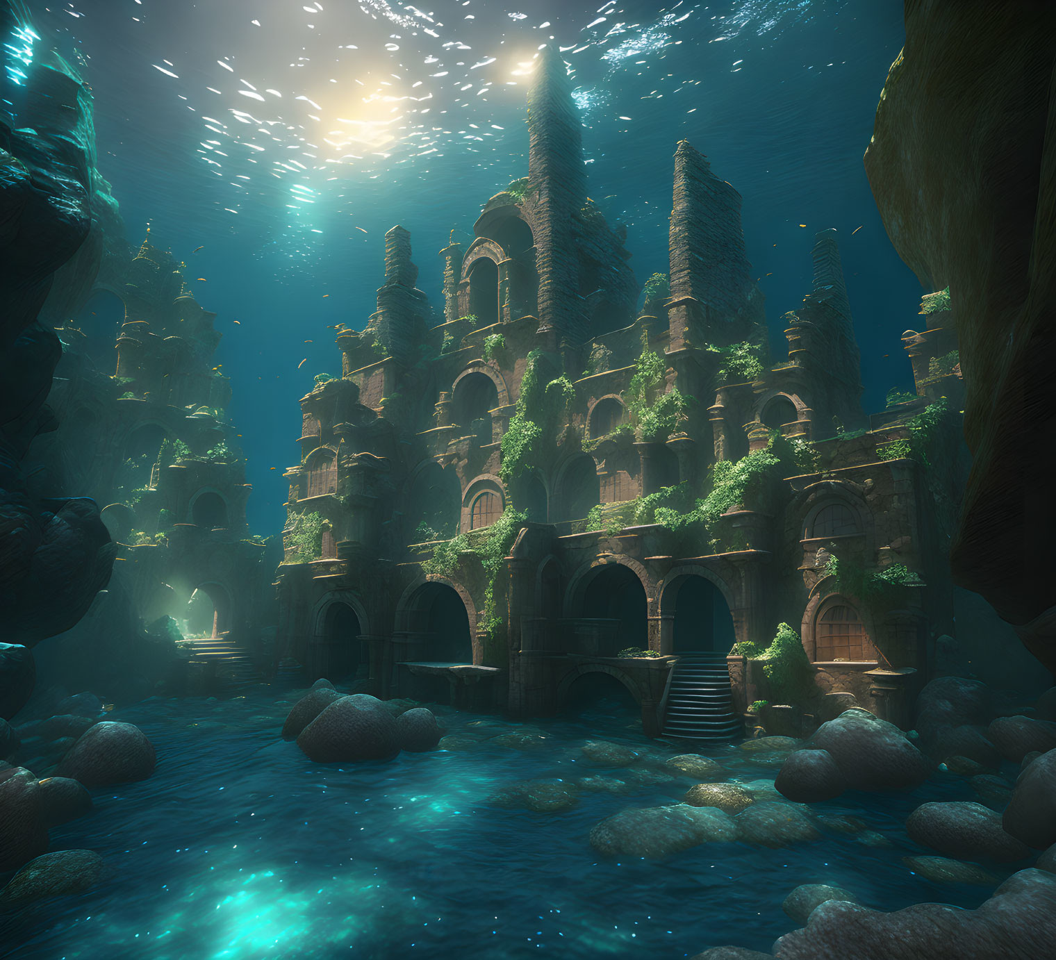 Sunlit underwater scene with ancient algae-covered buildings