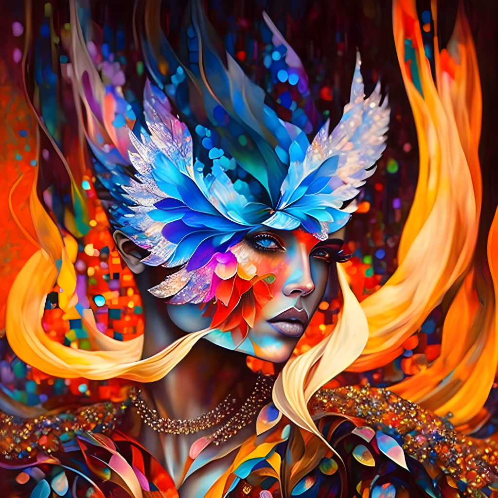 Colorful portrait of woman with blue feathered headdress and golden hair