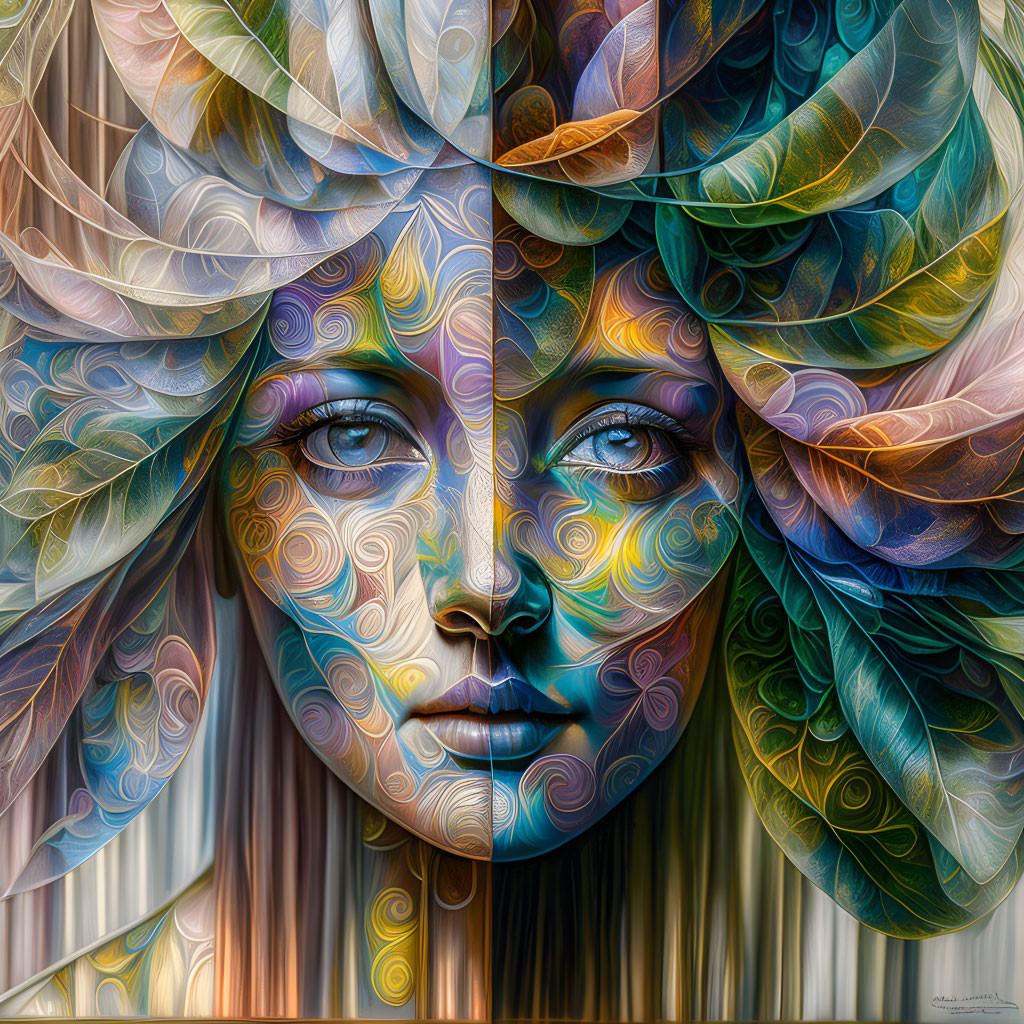 Vibrant digital artwork: Woman's face with swirling, iridescent leaf-like headdress