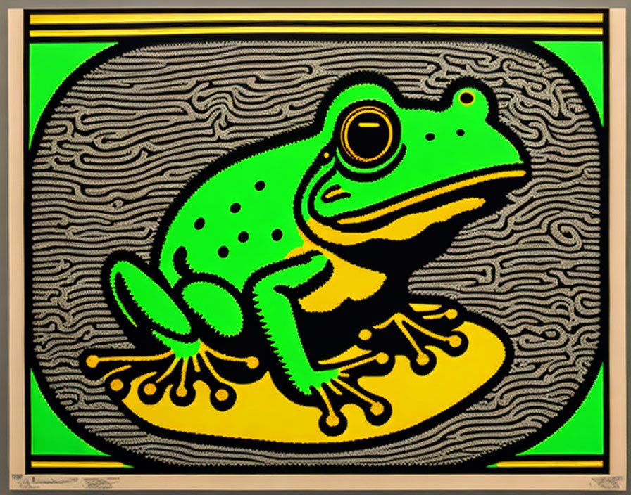 Colorful Frog Illustration on Patterned Background in Decorative Frame