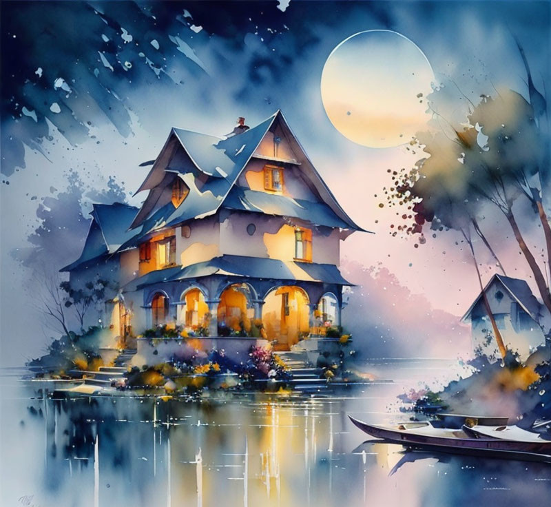 Moonlit night watercolor painting of a cozy house on islet with boat and stars